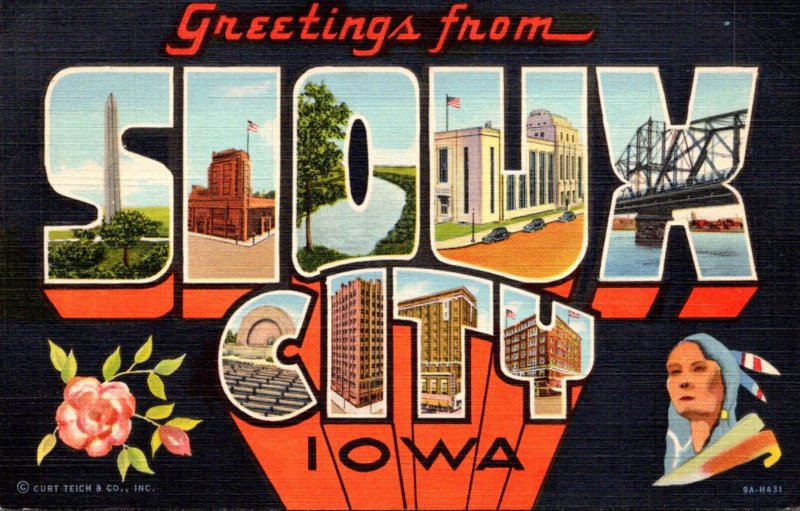 Iowa Greetings From Sioux City Large Letter Linen 1947 Curteich