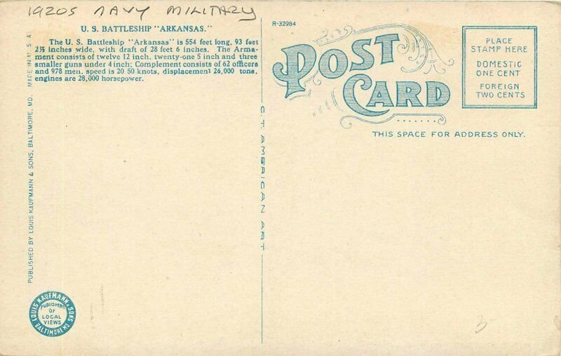 Kaufman Teich 1920s US Battleship Military Arkansas Postcard 20-4493