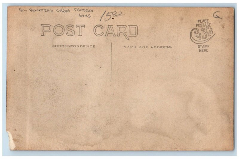 Mens Postcard RPPC Photo Hunting Cabin Shotgun Guns Winter Scene c1910's