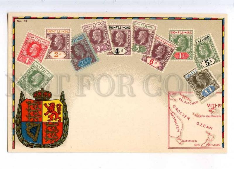 231943 FIJI Coat of arms STAMPS MAP Vintage Zieher postcard