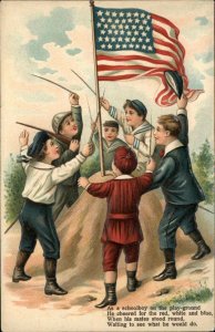 Patriotic Children Play War w/ Swords Around American Flag Embossed PC