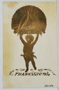 Thanksgiving Gilded Cupid Holding Prize Turkey Embossed 1906 Postcard M20