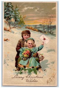 1906 Christmas Boy Girl Sled Flowers Letter Winter Snow Embossed Posted Postcard