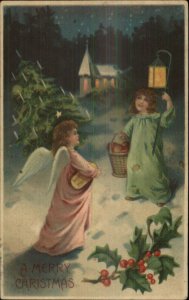 Christmas - Angel Children Lantern Tree c1910 Embossed Postcard BW 296