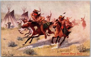 Indian Pony Race , Horse Racing Sport, John Innes Artwork, Vintage Postcard