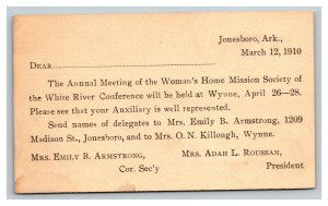 Vintage 1910 Postcard Woman's Home Mission Society Meeting Card Jonesboro AR