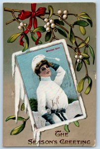Christmas Postcard Season Greeting Mistletoe Winter Girl Quebec Canada 1909
