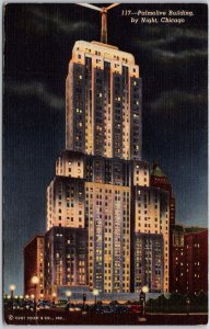 Chicago Illinois, Palmolive Building By Night, Street Lights, Vintage Postcard