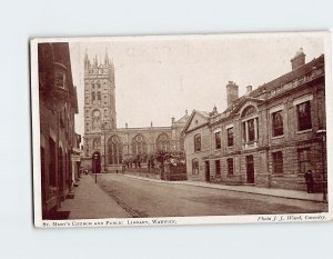 Postcard St. Marys Church And Public Library Warwick England