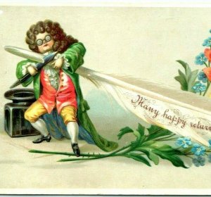 c1880s Happy Day Embossed Trade Card 1700s Man Child Feather Fountain Pen 7 C40