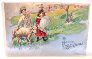 Easter Postcard Lamp Rabbit Children Boy In Chef Hat & Uniform Oversized Egg