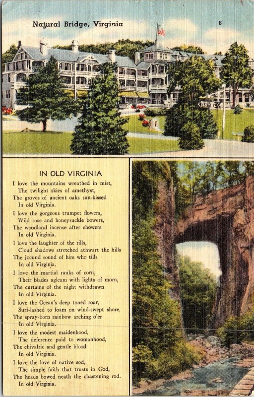 Natural Bridge Virginia VA Multiview Poem Linen Postcard PM Pulaski Cancel WOB