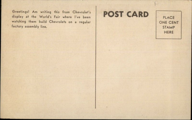 Chevy Chevrolet Auto Línea de Montaje GM Bldg Feria Mundial de Chicago 1933 PC 