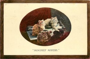Colotone Cat Postcard 1278 Kittens on Pile of Books Mischief Makers, Posted