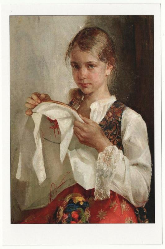 LITTLE GIRL & embroidery frame Ethnic Sewing Russian postcard