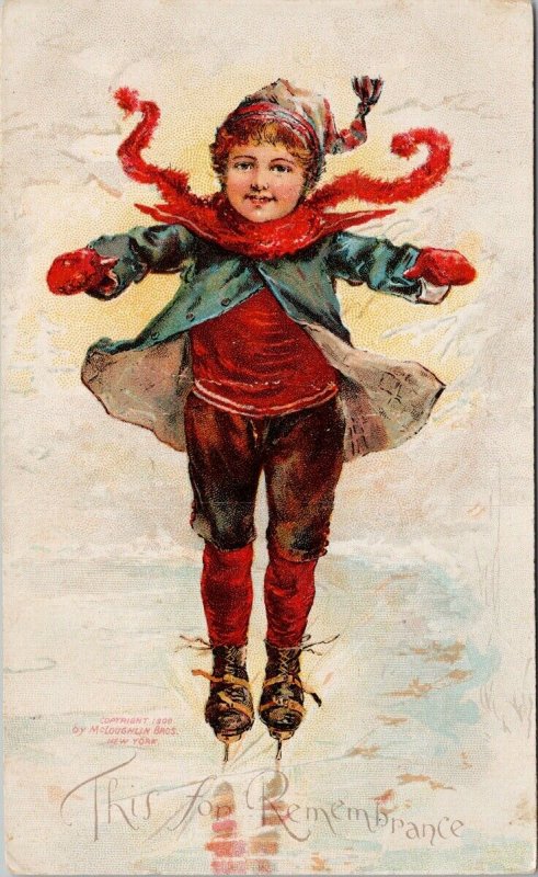 'This For Remembrance' Child Ice Skating McLoughlin Bros Postcard F99 *as is