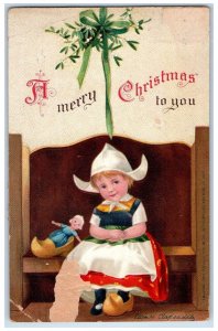 1911 Christmas Dutch Girl Doll Under Mistletoe Ellen Clapsaddle Posted Postcard