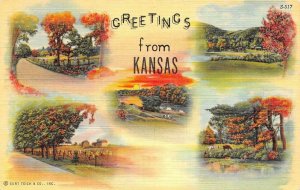 KS, Kansas  GREETINGS  Five Rural Autumn Scenes  c1940's Curteich Linen Postcard