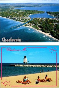 2~4X6 Postcards Charlevoix, MI Michigan  HARBOR ENTRANCE~SUNBATHERS~LIGHT HOUSE