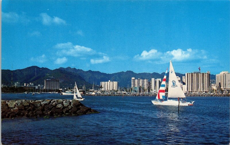 Hawaii Popular Catamarans Entering The Harbor Postcard Sailboats View UNP 