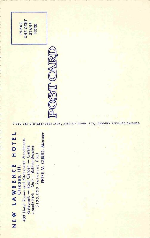 New Lawrence Hotel Chicago Illinois linen postcard