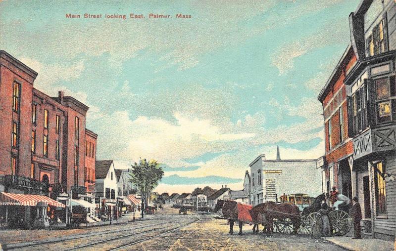 Palmer MA Looking East Dirt Street Storefronts Horse & Wagons Postcard