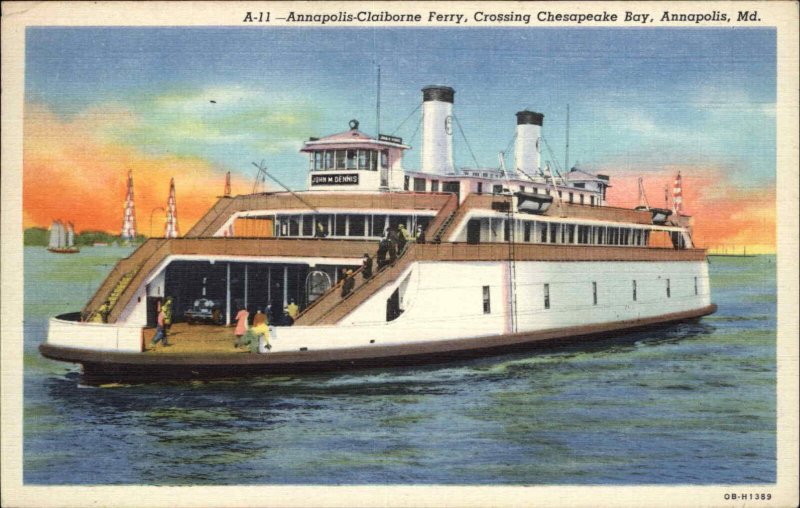 Annapolis Claiborne Ferry Chesapeake Bay MD Linen Postcard