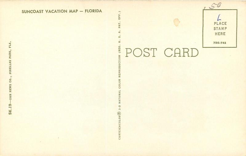 Florida~Suncoast Vacation Map Postcard~Topographical~Clouds~Cities~1967 PC