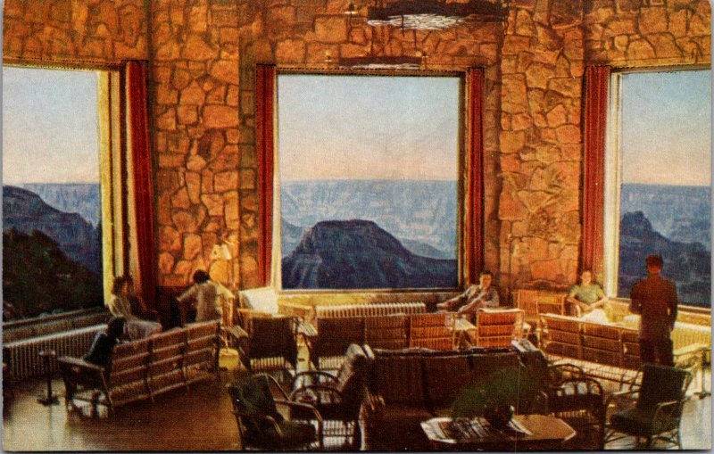 Grand Canyon Lodge North Rim Sunroom Union Pacific RR Cedar city UT vtg Postcard