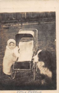 J43/ Interesting RPPC Postcard c1910 Animal Pet Dog Baby Carriage 301