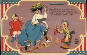 4th of July Kids Harass Woman w/ Firecrackers c1910 Postcard