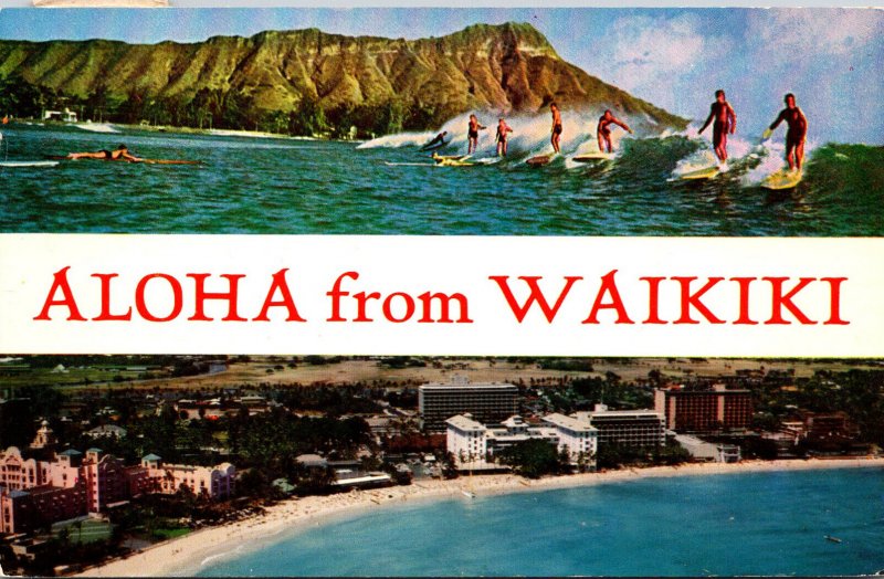 Hawaii Waikiki Aloha Showing The Beach and Surfers 1958