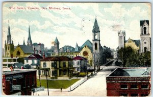 c1910s Des Moines, IA Seven Downtown Churches Postcard Bell Tower Pabst Beer A41