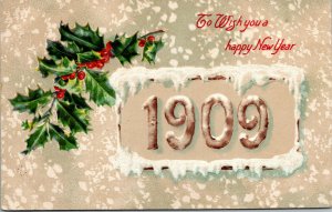 Vtg 1909 Happy New Year Holly Berries Snow Embossed Postcard