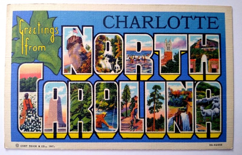 Greetings From Charlotte North Carolina Large Letter Linen Postcard Curt Teich