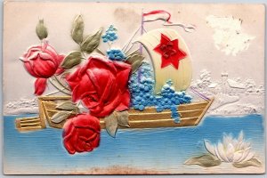 1910's Flowers Red Roses Embossed Greetings and Wishes Card Posted Postcard