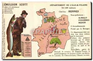 Postcard Old geographical map Emulsion Scott Ille & Vilaine Rennes Fish