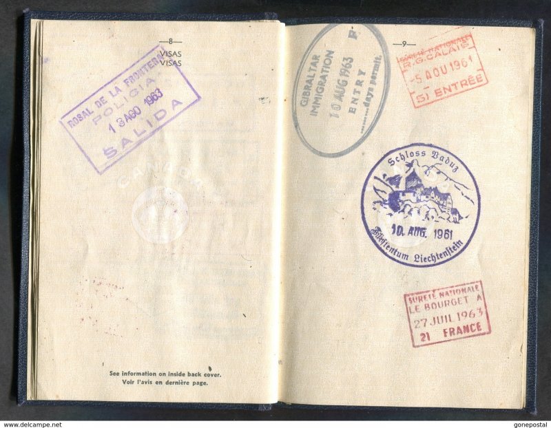 F023 - CANADA Passport Expired 1965. Traveled to Spain, Gibraltar, Switzerland