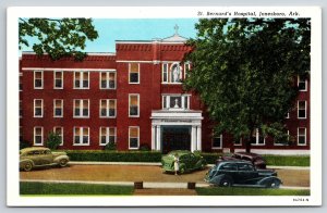 Jonesboro Arkansas~St Bernards Hospital~Woman By c1930s Autos~Vintage Postcard