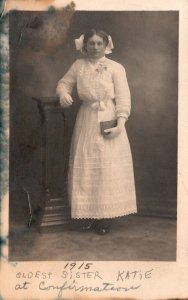 1915 Young Woman in Confirmation White Dress Bow Portrait Photo Vintage Postcard