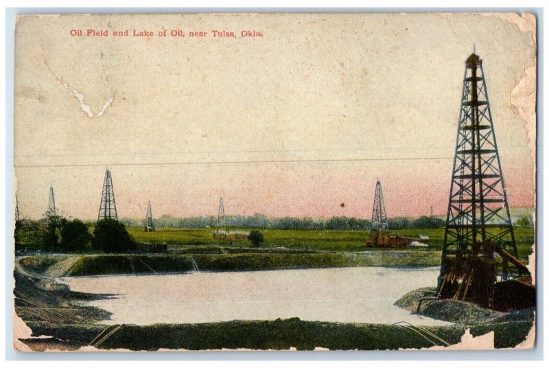 1908 Oil Field Lake Oil Tower Field Near Tulsa Oklahoma Vintage Antique Postcard