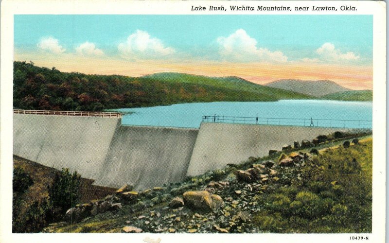 1950s Lawton Oklahoma Lake Rush Wichita Mountains Linen Postcard A6
