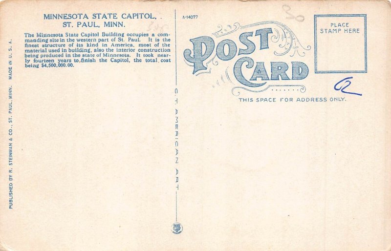 A962 US Minnesota State Capitol Building St Paul vintage postcard