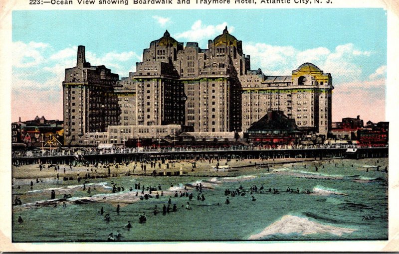 New Jersey Atlantic City Ocean View Showing Boardwalk and Traymore Hotel