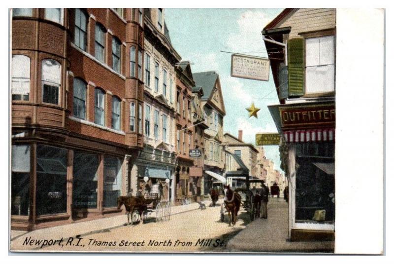 Thames Street north from Mill Street, R.I. Dental Co. Newport, RI Postcard