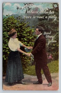 c1909 Couple Holding Hands Looking At Each Other ANTIQUE Postcard 0948