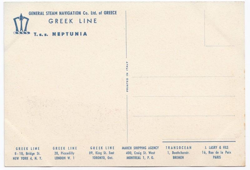 General Steam Navigation Co of Greece, Greek Line, TSS Neptunia PPC, Unposted 