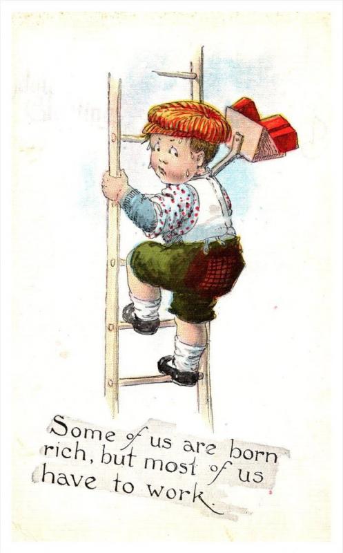 Little boy as brick later climbing ladder
