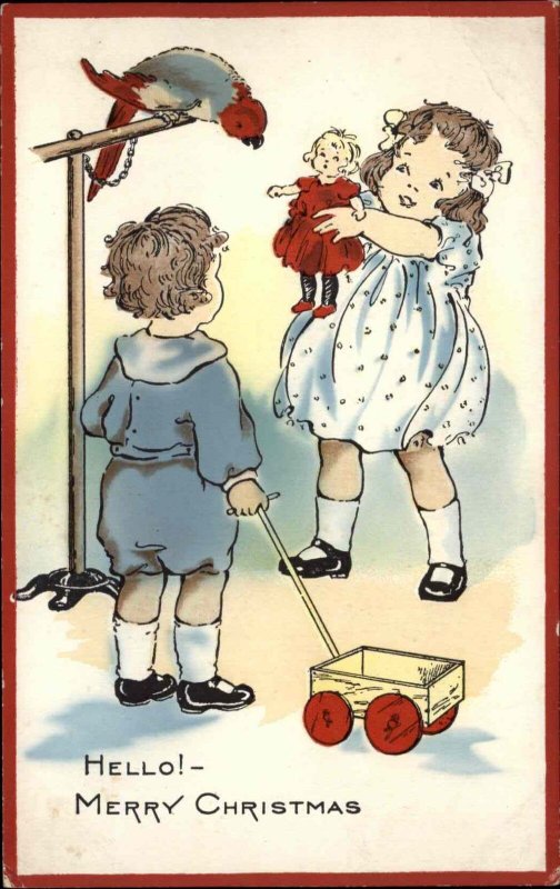 Whitney Christmas Little Boy and Girl Baby Doll Parrot Parrakeet c1910 PC