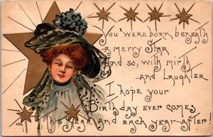 HBG Artwork Postcard Birthday Poem Gold Stars Well Dressed Woman